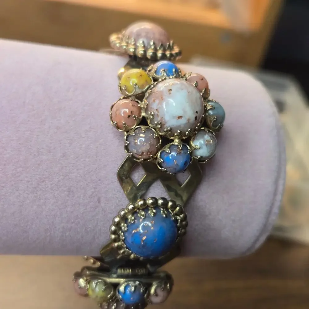 Vintage Victorian Revival Jeweled Link Panel Bracelet Gold Tone Pastel Cabochon